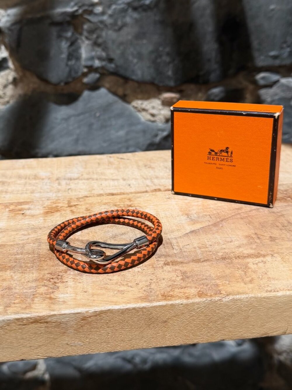 Hermès Brown Orange Braided Leather Jumbo Wrap Bracelet